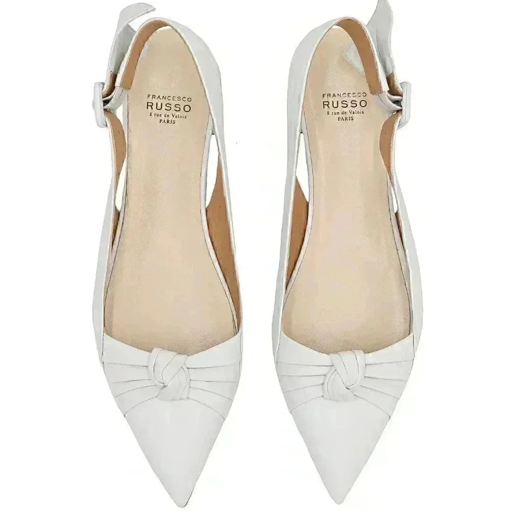 Francesco Russo White Leather Sling Back Leather Flats Size 38.5 EU Bridal Flats